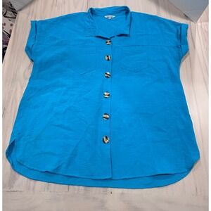 John Mark Womens 1X Turquoise Blue Rayon Blend Short Sleeve Button Down Shirt
